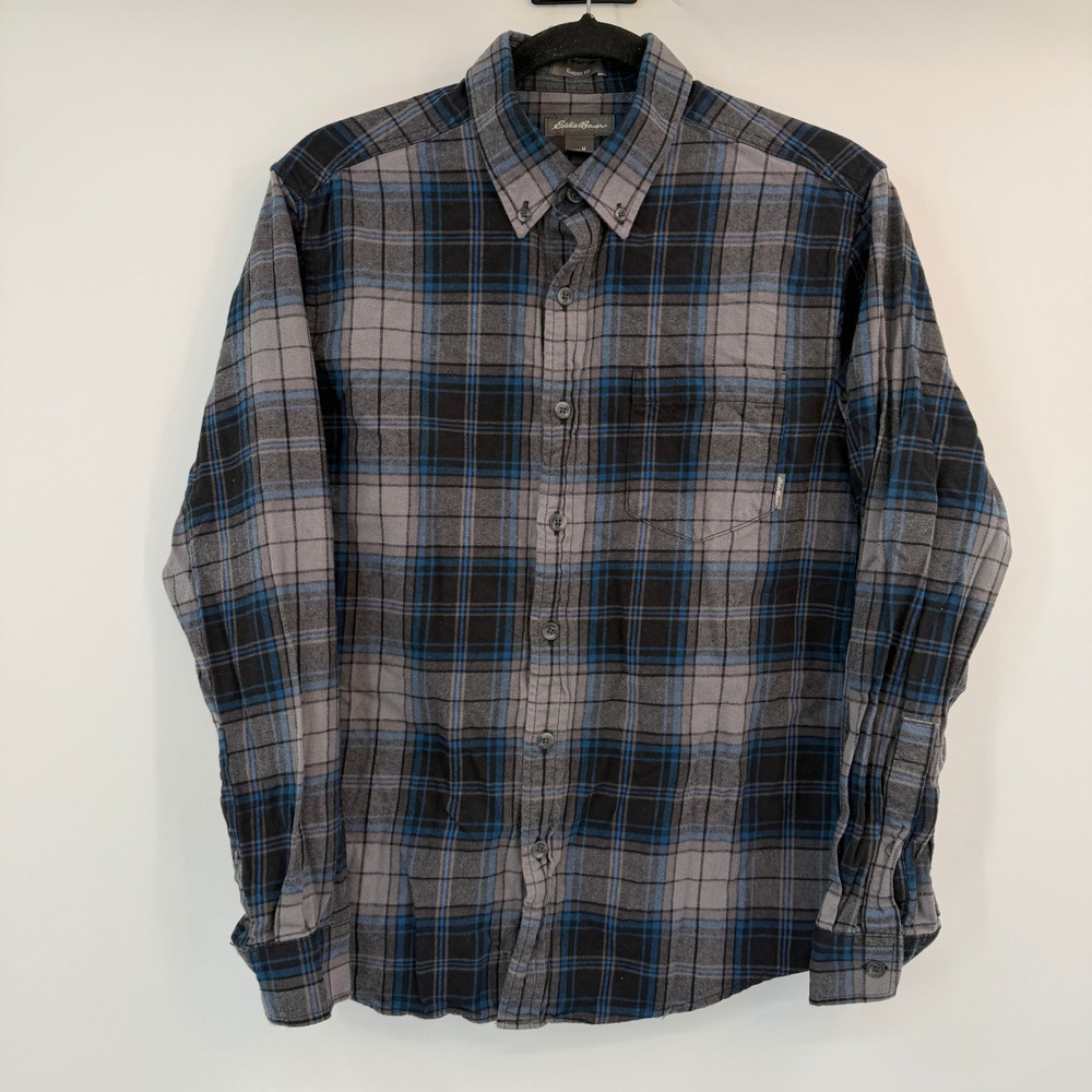 Eddie Bauer‎ Mens Classic Fit Flannel Shirt Medium Grey Blue Black Plaid Cotton